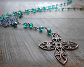 Emerald green Rosary Style Necklace - Swarovski chain necklace - Bohemian Rosary 