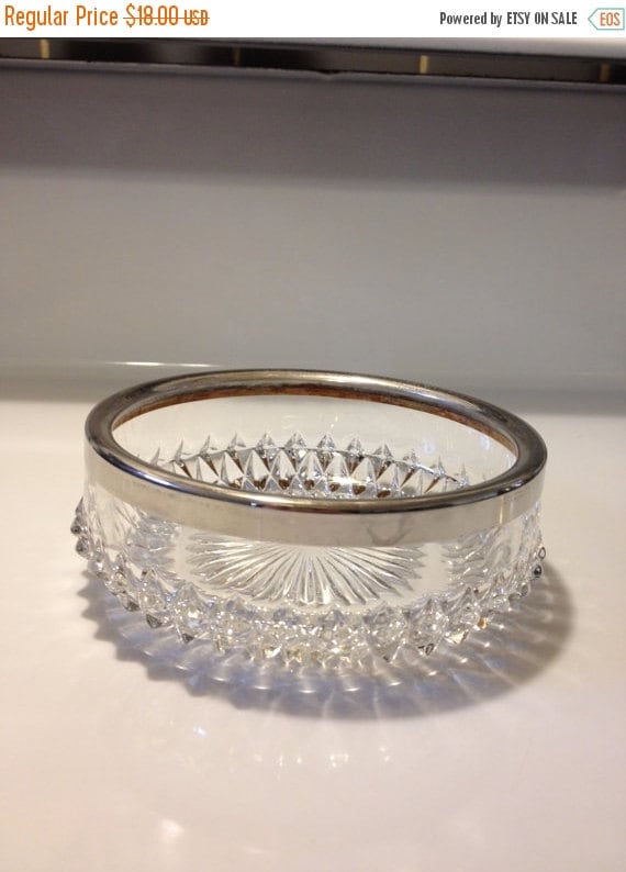 Crystal Serving Bowl England Silver Plated Rim Vintage Pressed Glass