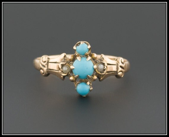 SOLD to M. Antique Turquoise Glass Ring 10k Gold Ring