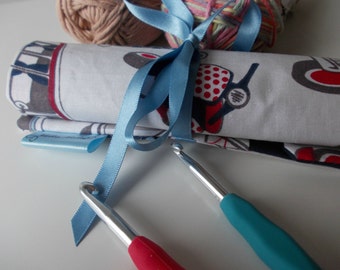 Campervan Crochet Roll, Crochet Hook Case, Handmade, Crochet Hook Organizer. Crochet hook roll 9 pockets. For rubber handled crochet hooks