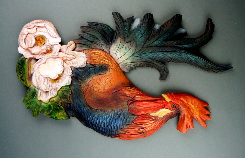 Rooster Carved of wood Wall Decoration Made by Hand by