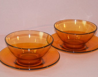 Retro 1970's Vereco France Amber Bowls and Plates Glassware modernist contemporary