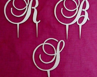 Wooden Initial Cake Topper-With Stakes - PAINTED OR UNPAINTED- Initial Cake Topper - Wedding Cake Topper