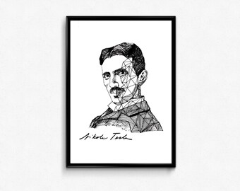 Tesla Art Print - Scientist Nikola Tesla Portrait Ink Drawing - Science Poster (Physics) - Wall Decor