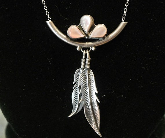 Mother of Pearl Pink MOP Pendant Sterling Silver Necklace Double Feather Pendant Native American Tribe Tribal Teardrop Fancy Southwestern