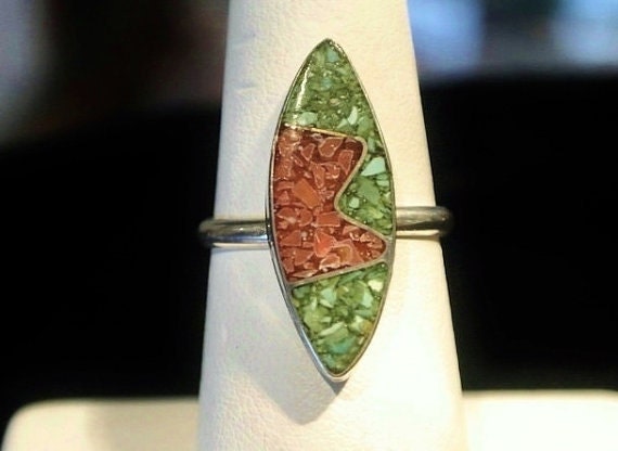 Zuni Ring Turquoise Coral Sterling GreenTurquoise Red Coral Crushed Mosaic Inlay Zuni Ring Native American Southwestern Circa 1950s Artisan