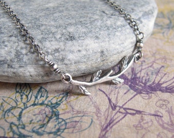 Branch Necklace, Silver Twig, Oxidized Sterling Silver, Leaves Tree Branch, Minimalist Necklace, Nature Jewelry
