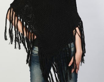 Hand knitted Little cotton poncho knit Fringe scarf knit shrug in black