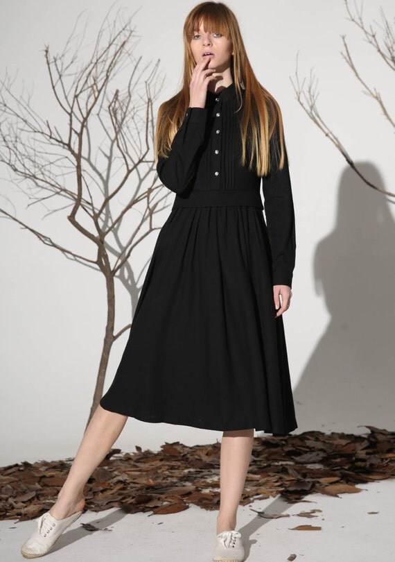 Black linen dress tea length dress women dress 1163