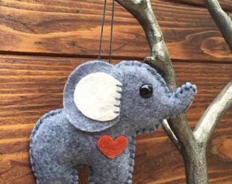 wool felt elephant christmas ornament, keychain, mobile attachment, car mirror ornament, plush toy / stuffie - cloudy day