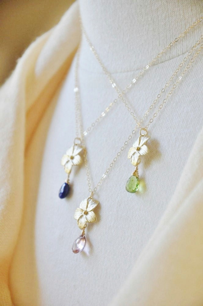 Gold Plumeria Necklace with Gemstone of your Choice - Pink Quartz, Lapis Lazuli, Peridot/ Gold Necklace/ Feminine Necklace/ Dainty Necklace
