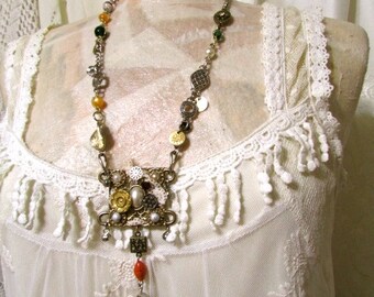 Bohemian Gypsy Necklace, upcycled assemblage jewelry eco fashion, trendy fashion jewelry, beaded chain statement necklace, lion key, s5