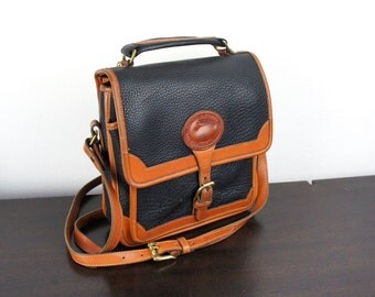 Vintage Dooney & Bourke Medium Surrey Carrier Bag, Navy and British Tan Pebbled All Weather Leather, All Weather Leather Purse, 1990s 050042