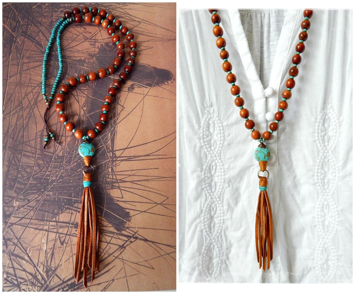 Leather Tassel Necklace Turquoise Stone Natural Wood Bead