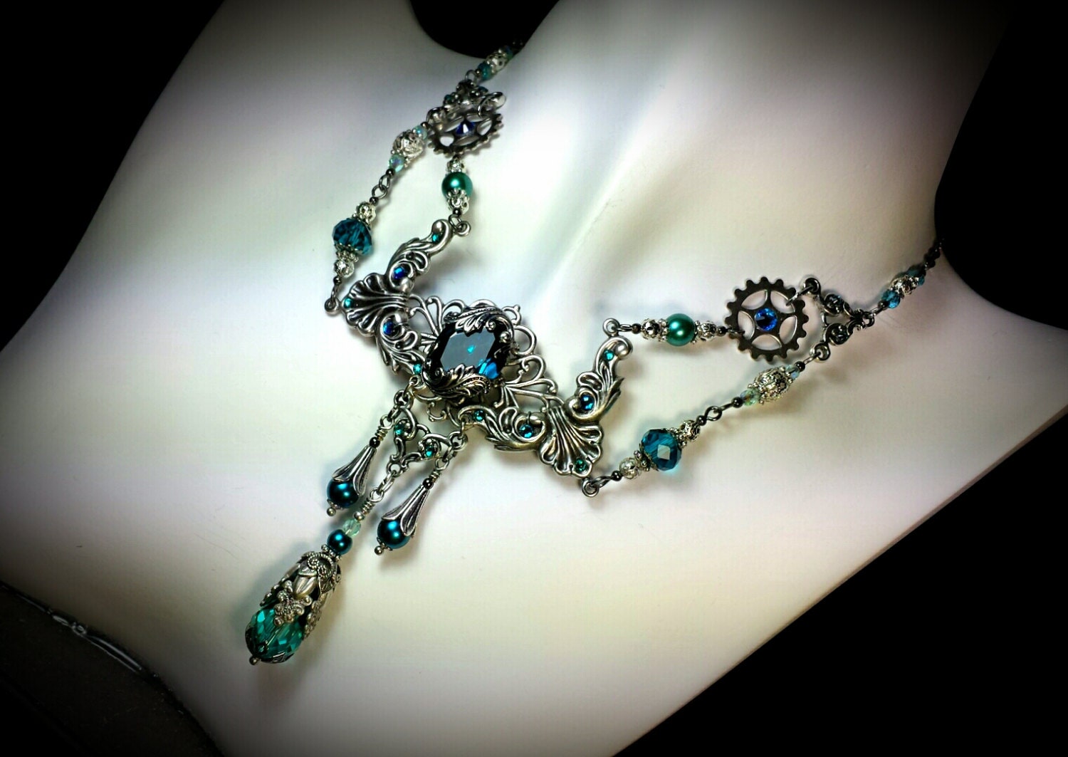 Peacock Blue Green Crystal Steampunk Choker Aqua Pearl Drop