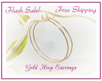 SALE, Buy Gold Hoop Earrings, Hammered, 2" Hoops, 2.25" Hoops, 2.5" inch, 2.75", 3", Plain Thin Gold Hoops, Christmas in July, Free Shipping