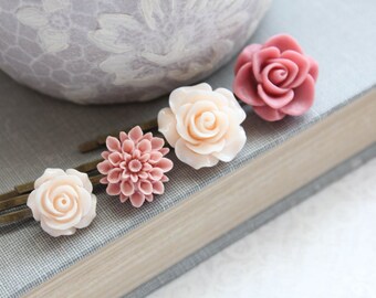 Rose Bobby Pins Flowers For Hair Floral Hair Accessories Light Peach Hair Pin Girls Hair Clips Dusty Rose Pink Vintage Style Set of Four (4)
