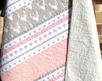 Baby Quilt, Girl, Coral Mint Green Aqua Gray, Aztec Deer Bedding Buck Stag Art Gallery, Crib Bedding, Nursery Baby Blanket, Ready to Ship