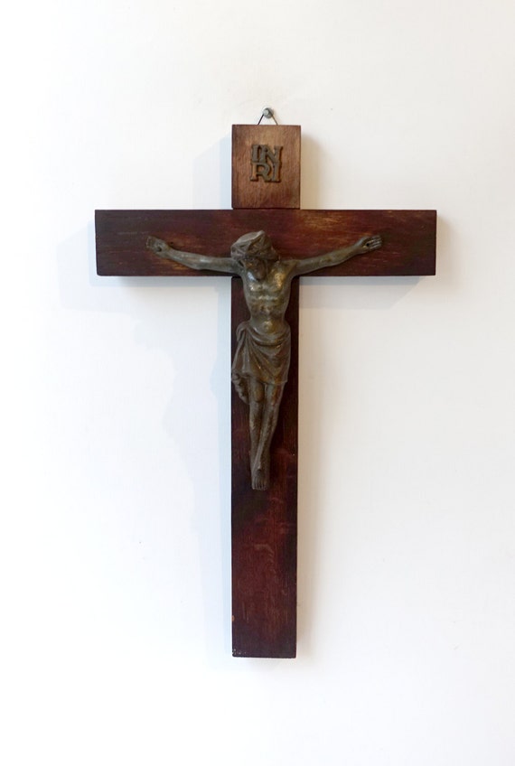 Antique oak wood wall crucifix cross with cast brass metal