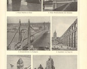 1909 Bridges, Ponte Palatino, Elisabeth Bridge, Aqueduct of Segovia, Pont Valentré, Treskow Bridge Vintage Print