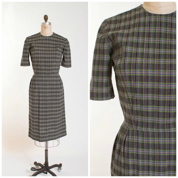 1950s Vintage Dress Swiss Dot Plaid Cotton Vintage 50s Sheath