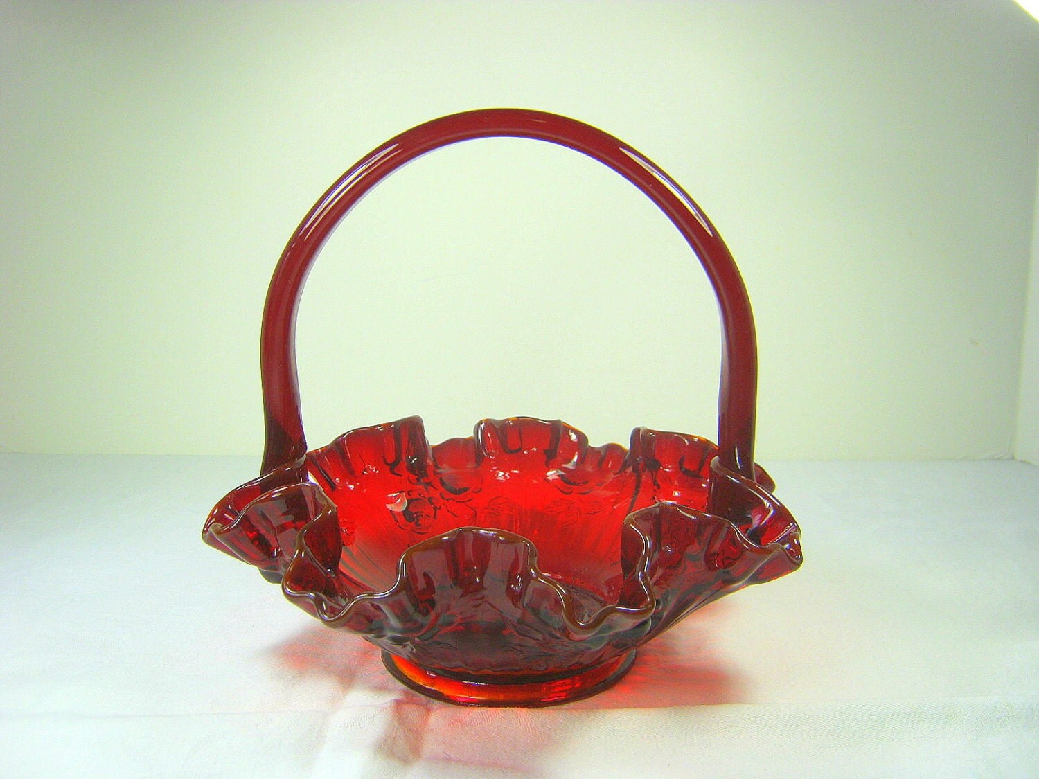 Vintage FENTON Ruby Red ROSE BASKET Ruffled Rim Ruby Roses