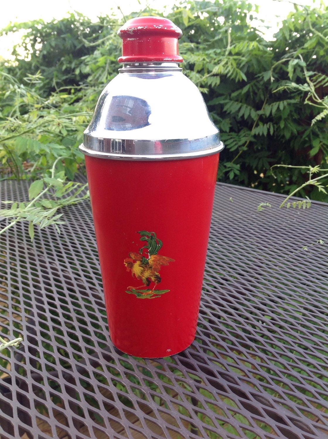 Red Cocktail Shaker rooster decal Chrome & Aluminum 1950s Haute Juice
