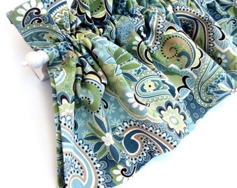 FOREST GLEN Valance Curtains Blue Green Teal Brown Tan Paisley Flowers Leaves 53 inches wide