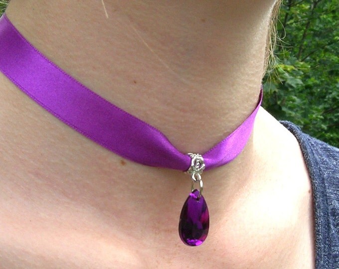 Purple satin choker with purple teardrop pendant and a width of 5/8” (pick your neck size) Ribbon Choker Necklace