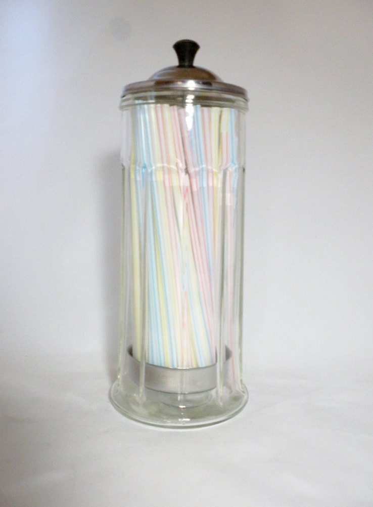 Straw Holder, Heavy Glass Straw Holder, 1950’s , Vintage Kitchen