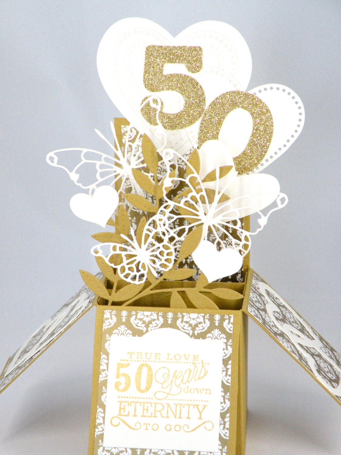 3D Golden Wedding Anniversary Card Box Card with Hearts and