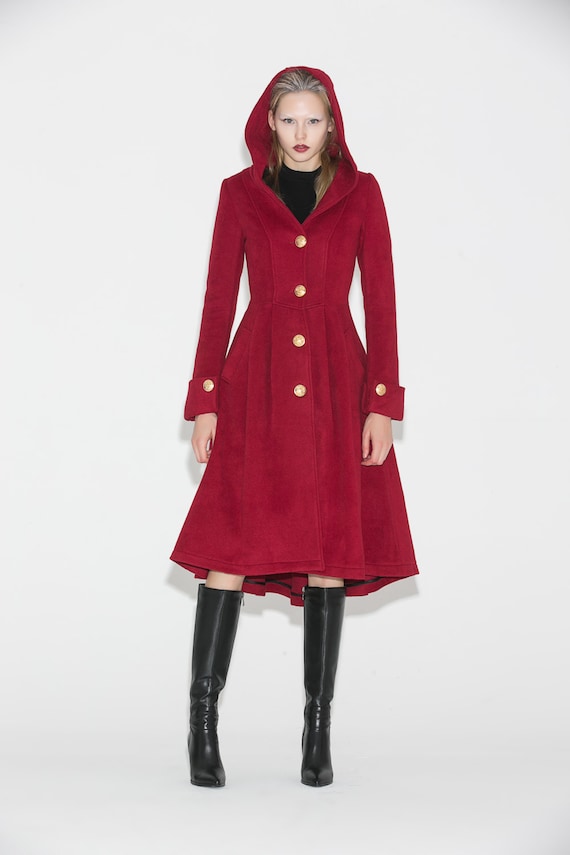 Wine Red Wool Coat Hooded Fitted SingleBreasted with Large