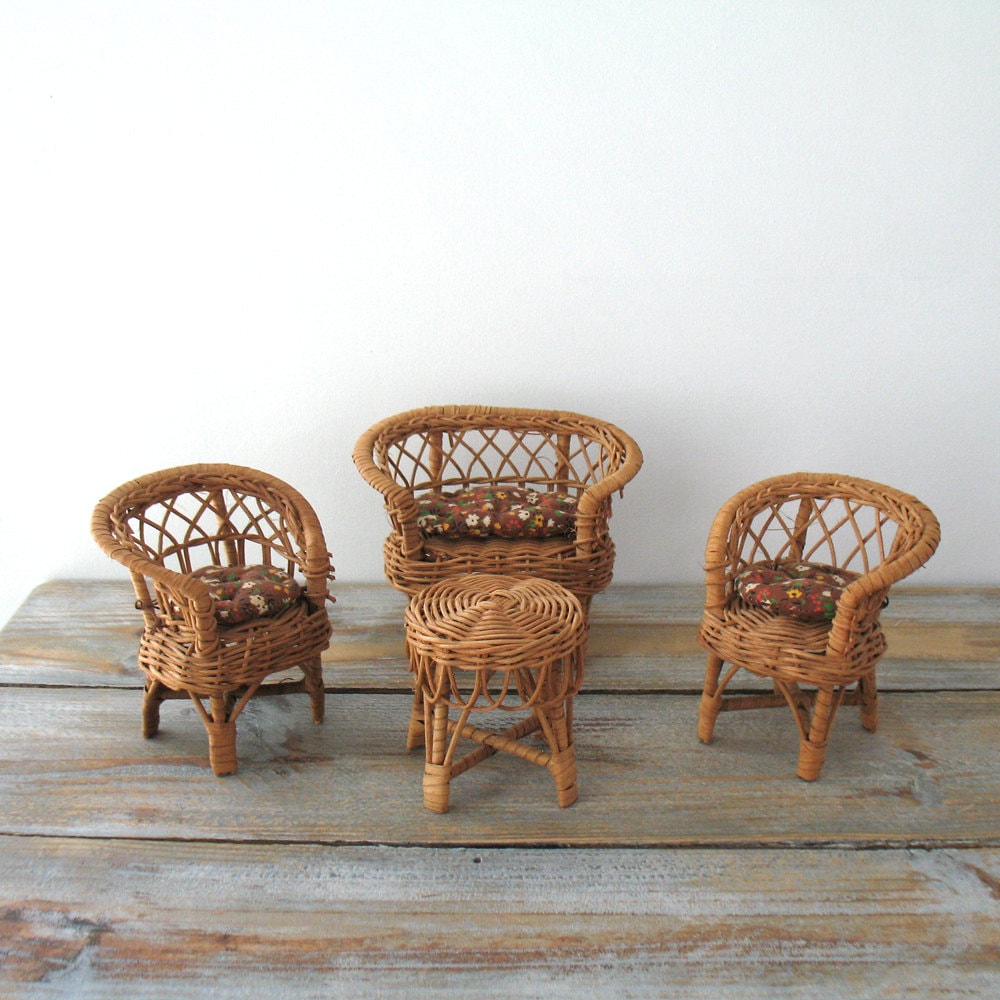 Vintage Wicker Doll Furniture with Cushions Set of 4 Haute Juice