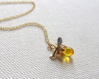 Gold Bee Necklace, Tiny Honey Bee Charm 14k Gold Fill Chain, Bee and Honey Dainty Petite Simple Jewelry, Quirky Cute Animal Jewelry
