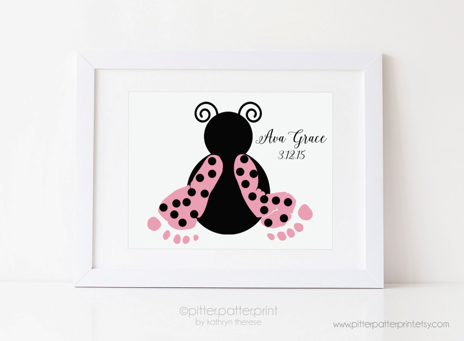 Pink Ladybug Baby Footprint Art Print Girl's Nursery Lady