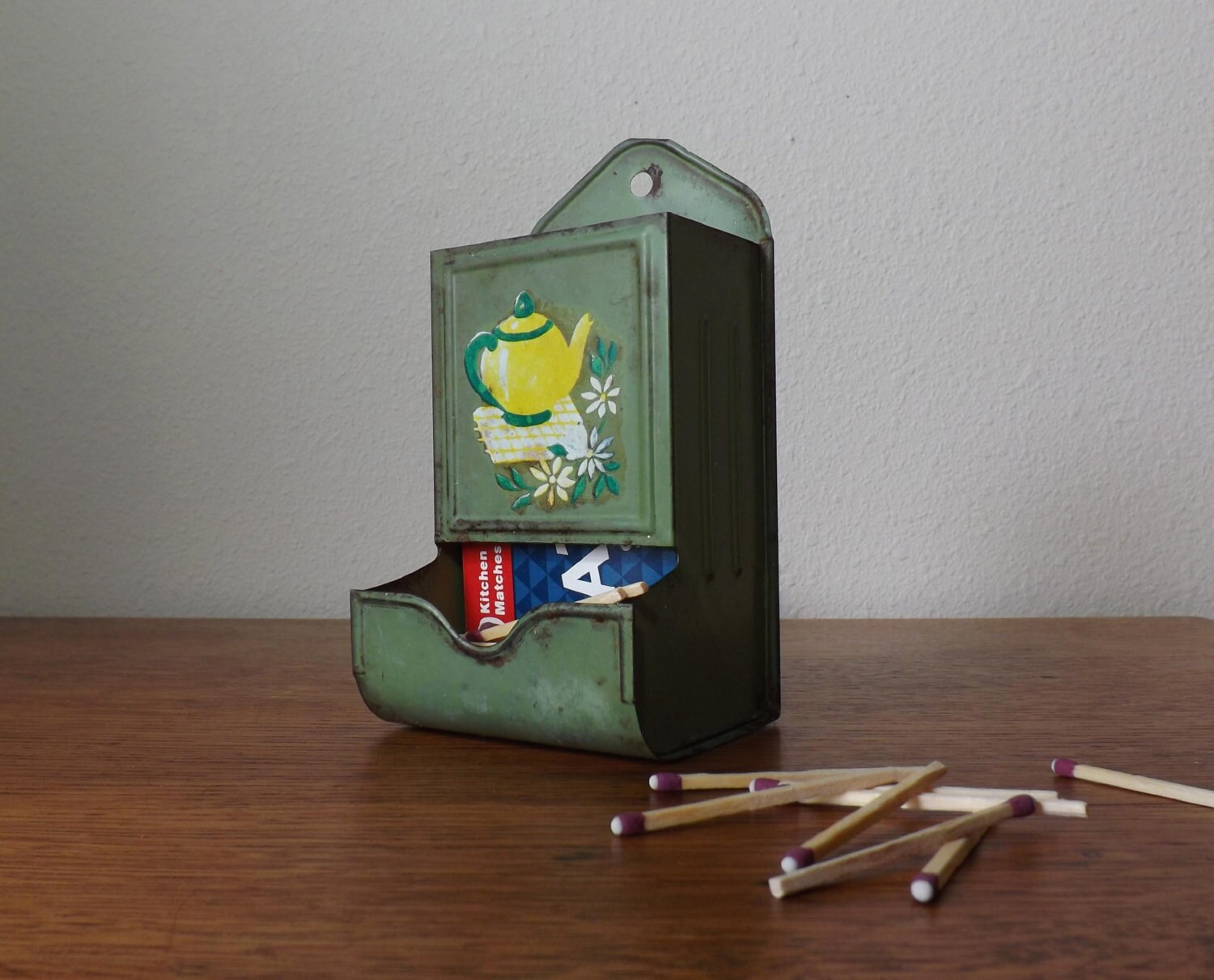 Match Box Holder Painted Tin with Teapot Decal Rustic Farmhouse