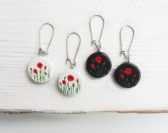 Red poppy earrings Bridesmaids jewelry Flower earrings Bridal gifts Ideas for girlfriend Poppies earrings White black red Present for woman