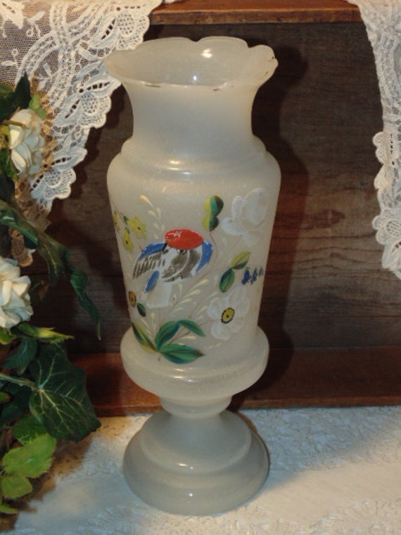 Antique Bristol Glass Vase Bird Flowers Hand by EmptyNestVintiques