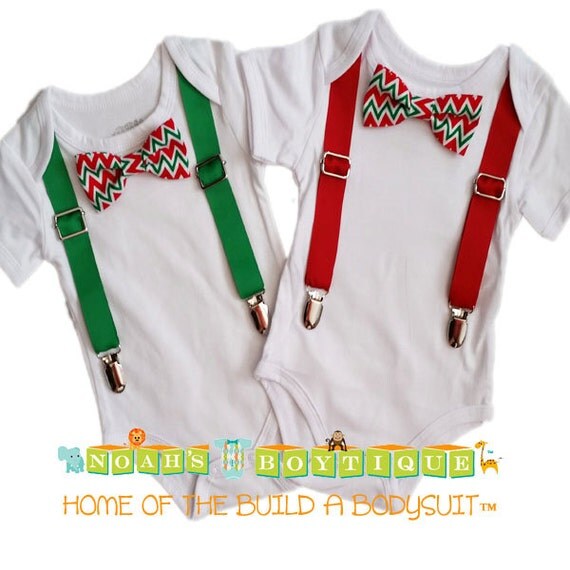 Twin Baby Boy Christmas Outfit - Red Green Chevron - Newborn Christmas - Twin Shirts - First Christmas - Tie Suspenders - Christmas Clothes by NoahsBoytiques