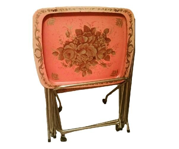 caldak pink & gold floral tv trays set of 4 with rolling stand