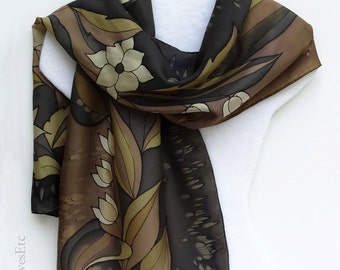 Hand painted silk scarf, Brown silk scarf, Tan flowers, Brown floral scarf, Abstract flowers, Painted artist silk scarf, handpainted brown