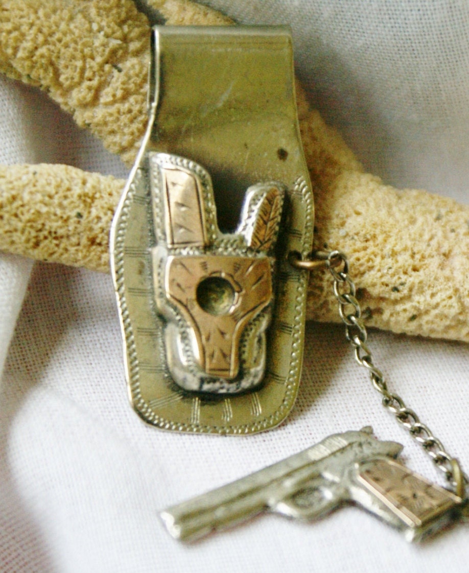Vintage Gun & Holster Pendant / Sterling Silver 10K. Gold