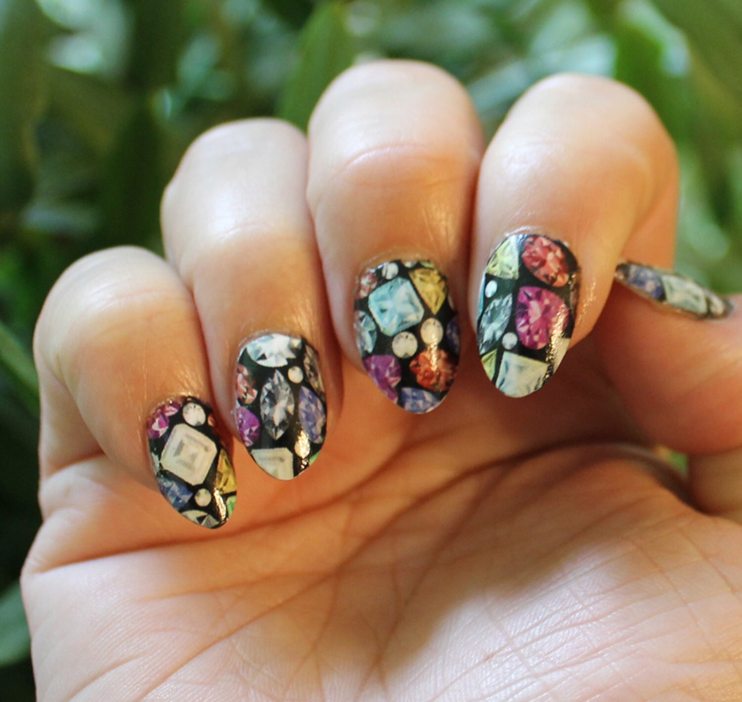 18 TINY Colorful GEMS Nail Art Pattern on Black JEM2 Full