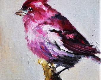 Original Bird Oil Painting, Impressionist Purple Finch, American State Bird 6x6 Inch