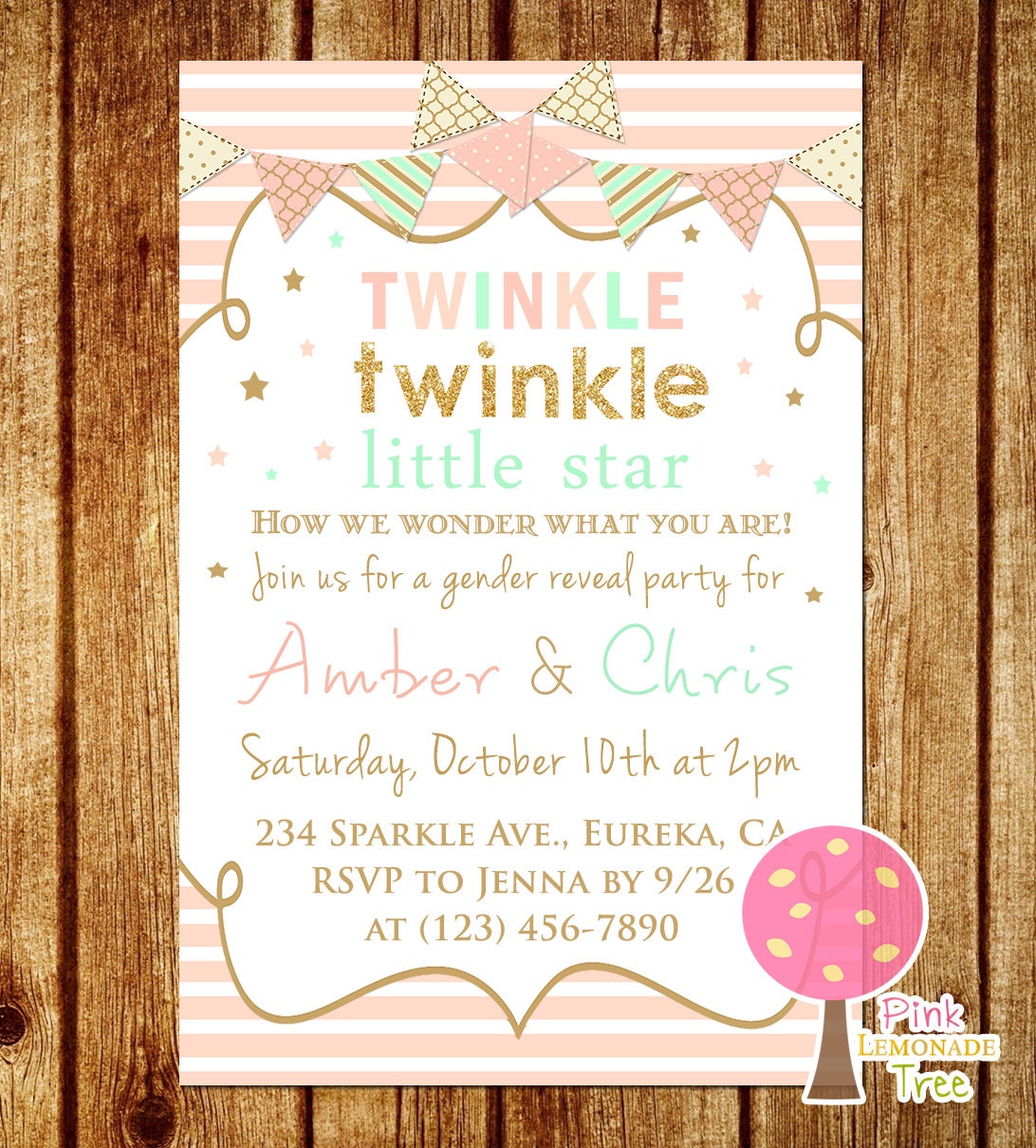 Twinkle Twinkle Little Star Gender Reveal Invitation Peach