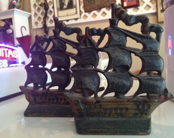 Vintage Pair of Nautical Cast Iron Ship Bookends - Not Reproduction