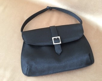 Jessica McClintock, Vintage Purse, Evening Bag, Black Satin Purse, Rhinestone Buckle, Double Knot Strap, Magnetic Clasp, Classic Style Clean