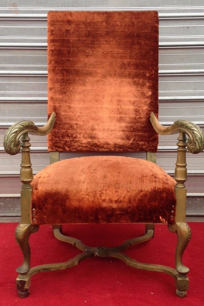 Victorian King Chair, Large Antique Chair Chenille Velvet Chair, Extra