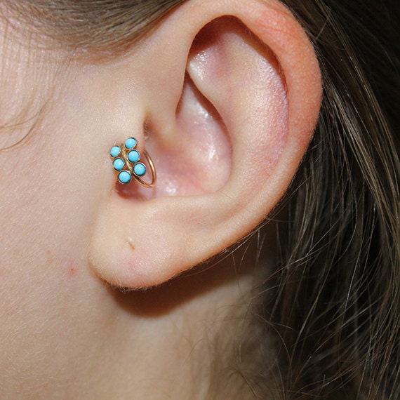 Gold Tragus Earring 2mm Turquoise - Nose Ring Stud - Cartilage Hoop Earring - Helix Piercing - 16g Rook Hoop - Septum Ring 16 gauge