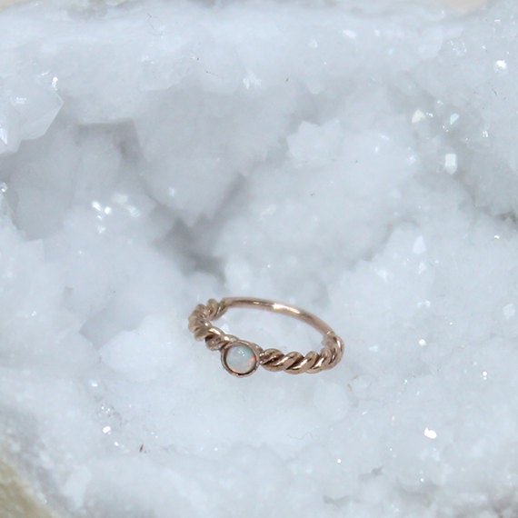 Gold Nose Ring Hoop - Nose Stud - 2mm White Opal Tragus Earring Hoop - Cartilage Hoop Earring - Daith Earring - 18g Rook - Conch Piercing